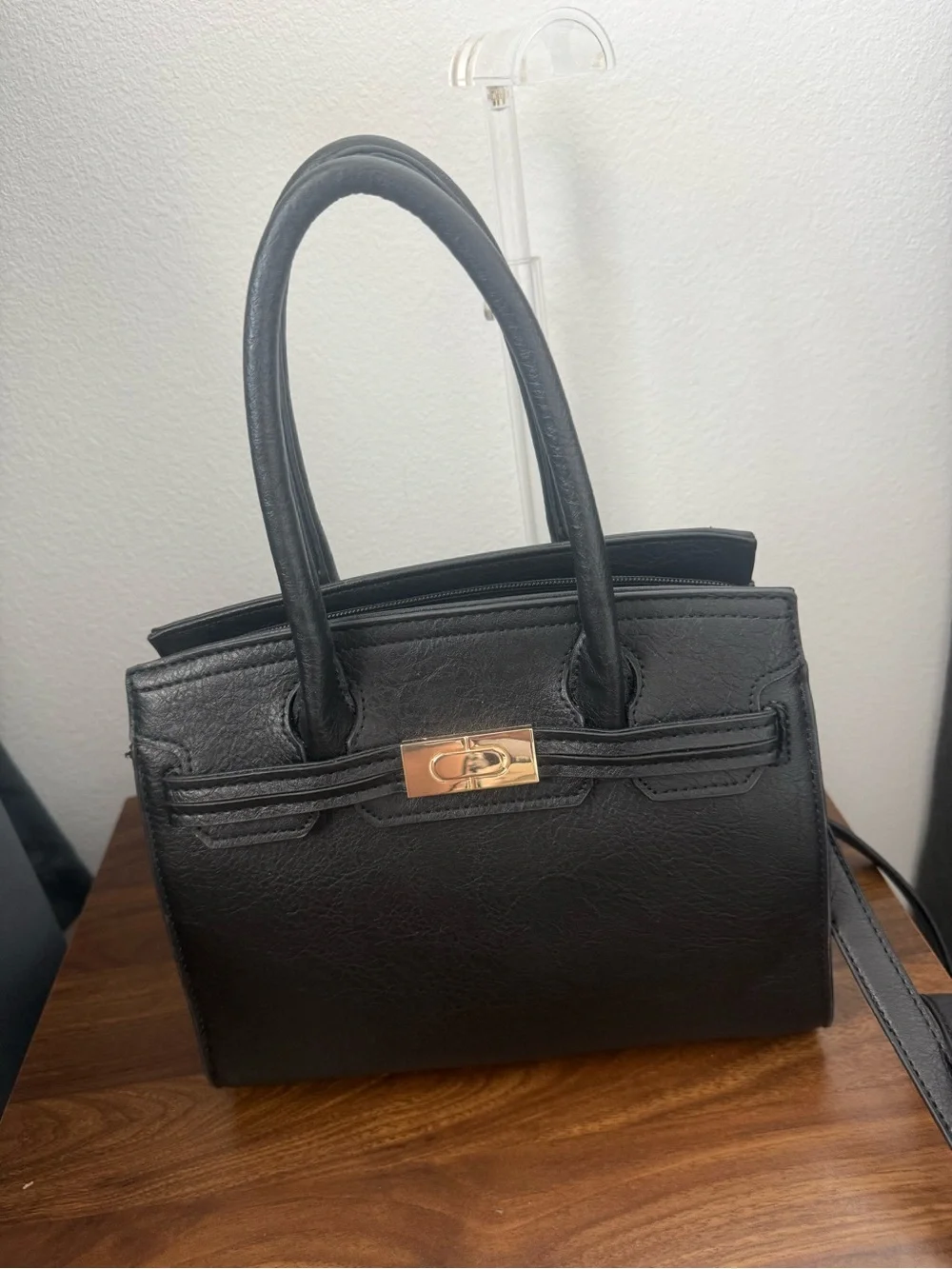 Black Structured Top Handle Handbag with Detachable Crossbody Strap - Old Money